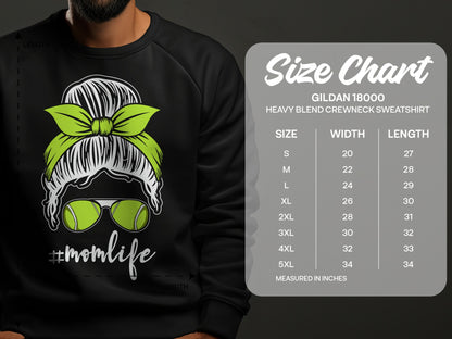 Gildan 18000 sweatshirt size chart with measurements in inches.