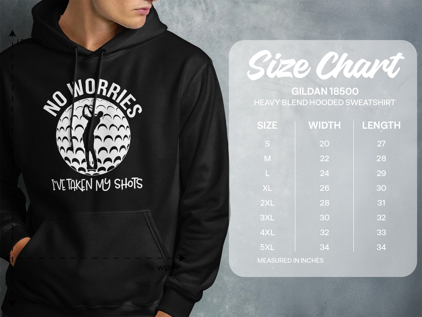 Black hoodie with "No Worries I've Taken My Shots" text and golf graphic, next to a size chart.