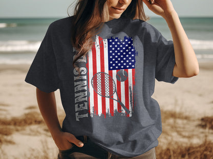 T-shirt with distressed American flag and tennis racket graphic.
