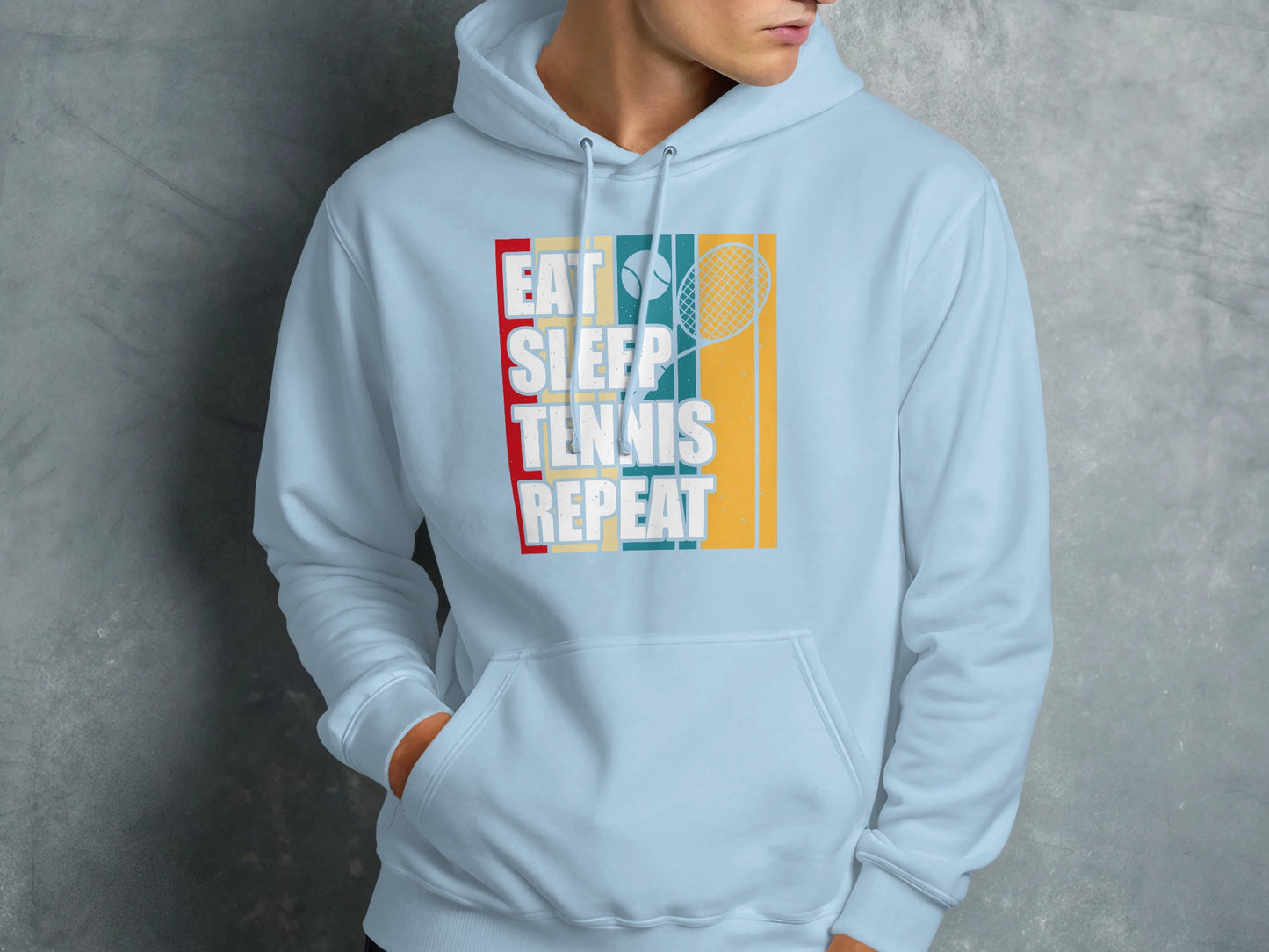 Light blue hoodie with "Eat Sleep Tennis Repeat" graphic and tennis racket.