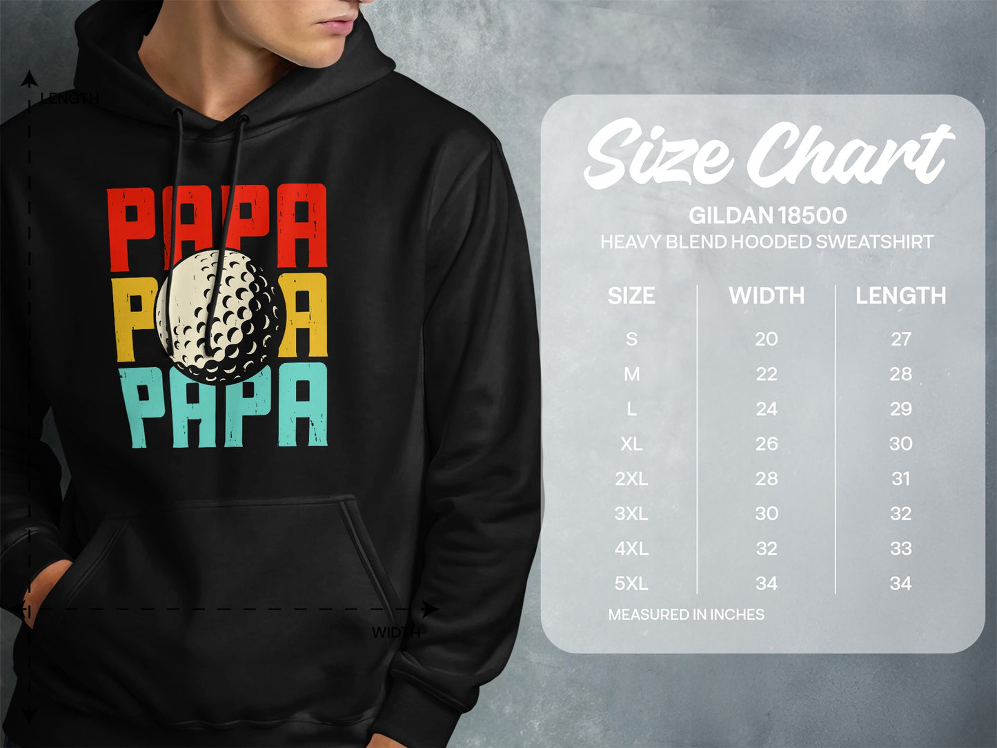 Hoodie with "PAPA" text and golf ball, alongside a size chart.