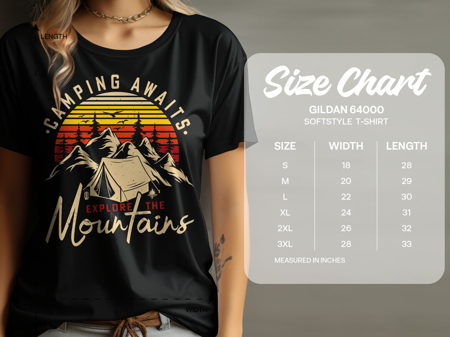 Black t-shirt with "Camping Awaits Explore the Mountains" graphic and size chart.