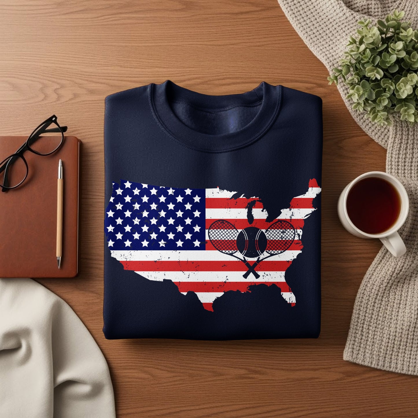 Navy sweatshirt with American flag map and tennis rackets.