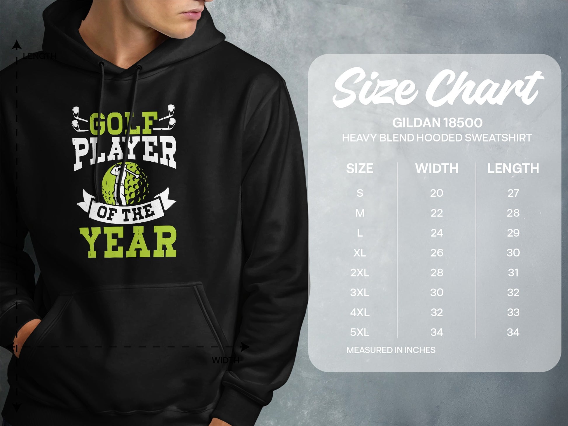 Hoodie with "Golf Player of the Year" graphic and size chart.