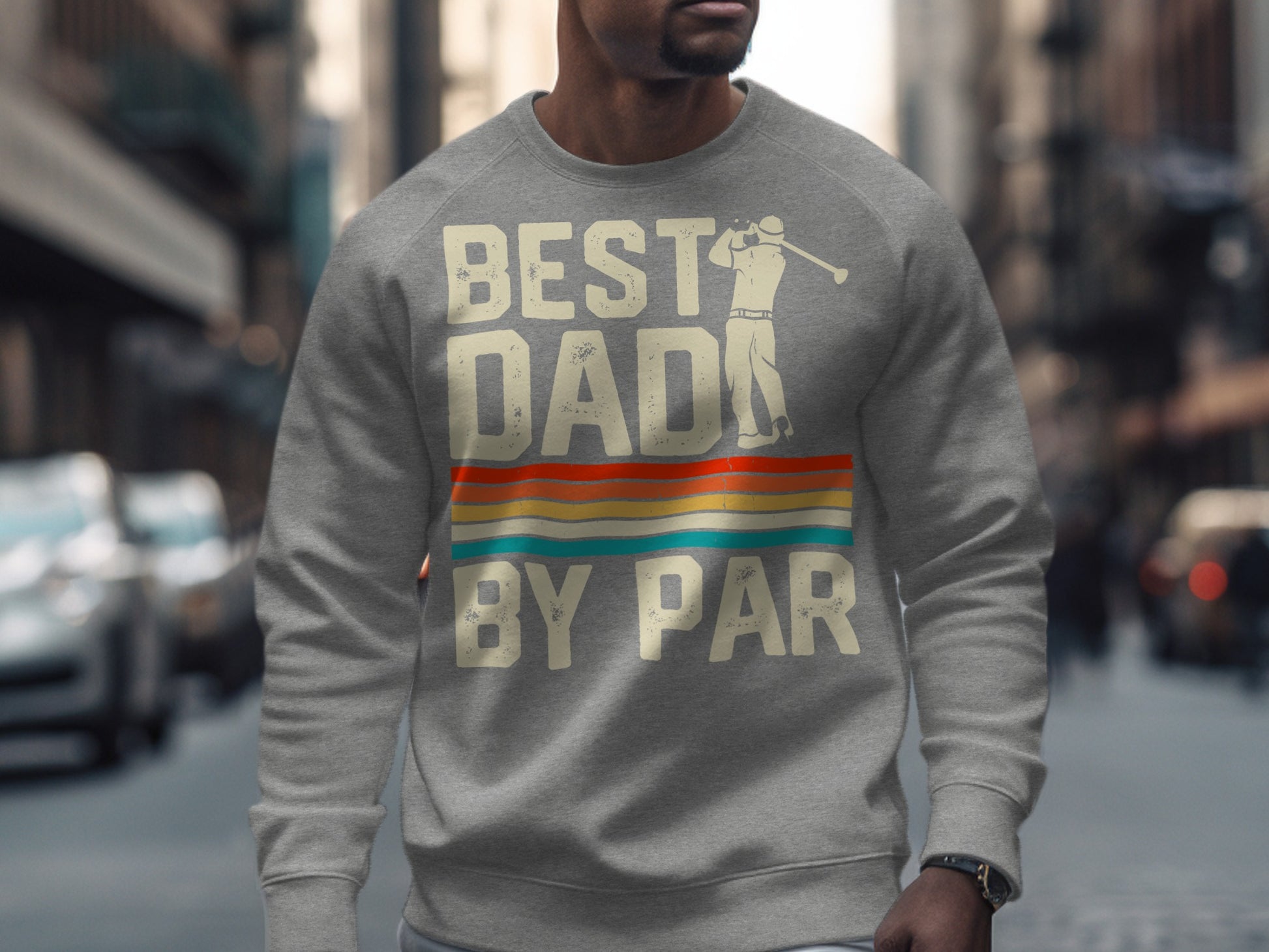 Gray sweatshirt with "Best Dad By Par" text and golfer graphic.