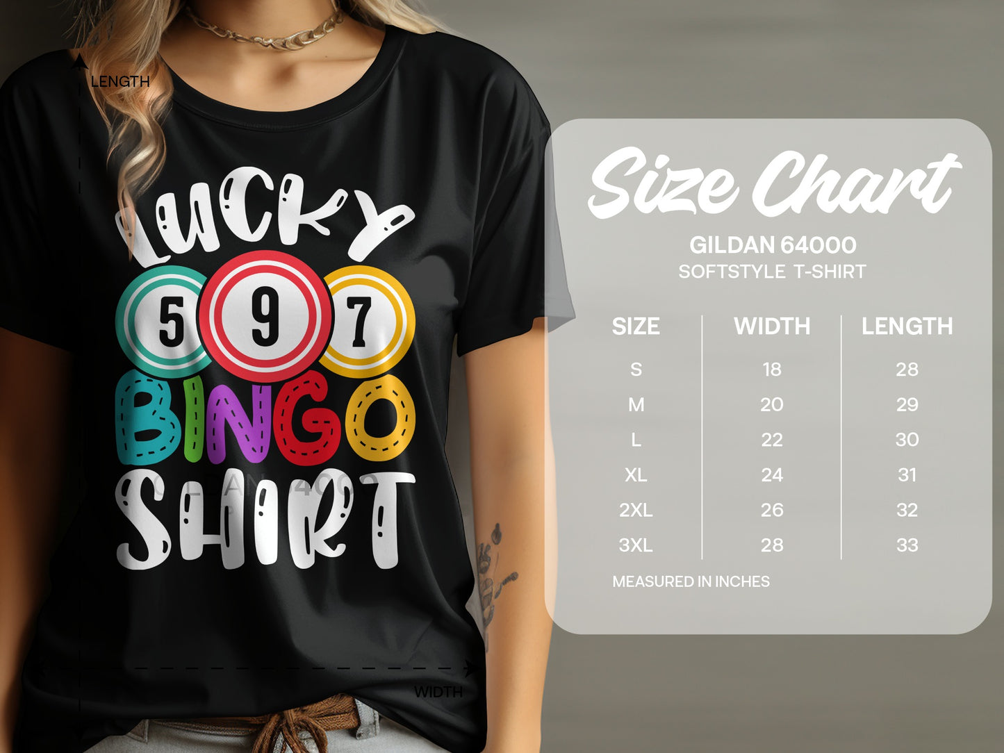 Black t-shirt with "LUCKY BINGO SHIRT" text and bingo balls, with a size chart.