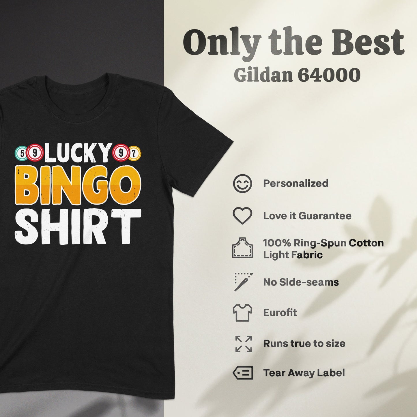Black t-shirt with "GO LUCKY BINGO SHIRT" in bold white and orange text.
