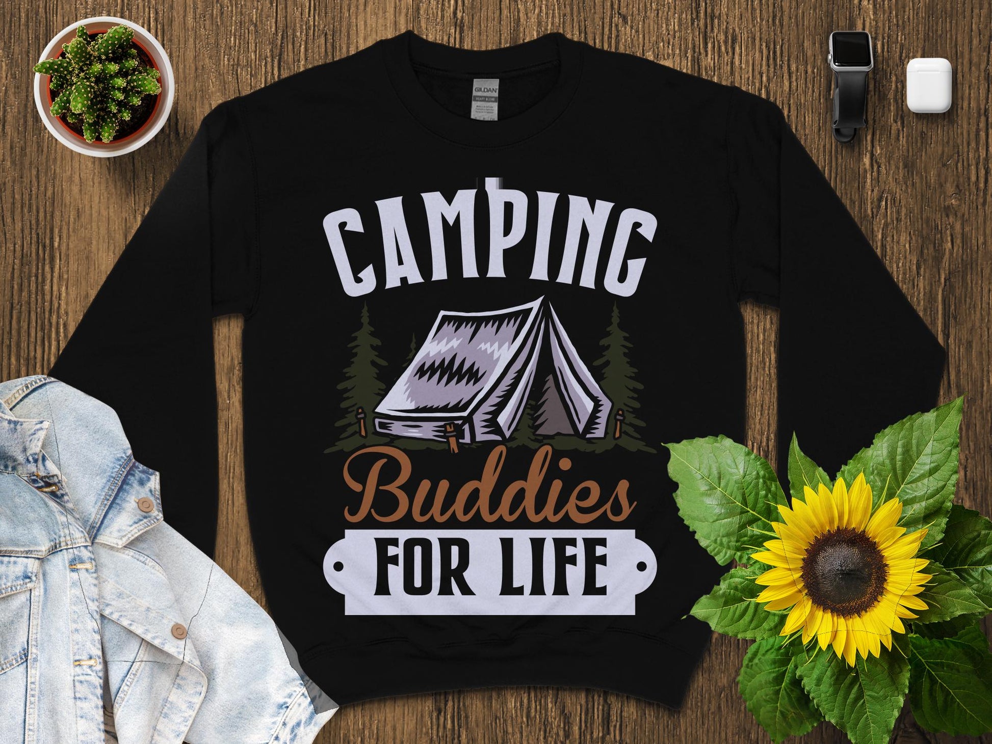 Black crewneck sweatshirt with "Camping Buddies For Life" text and tent graphic.