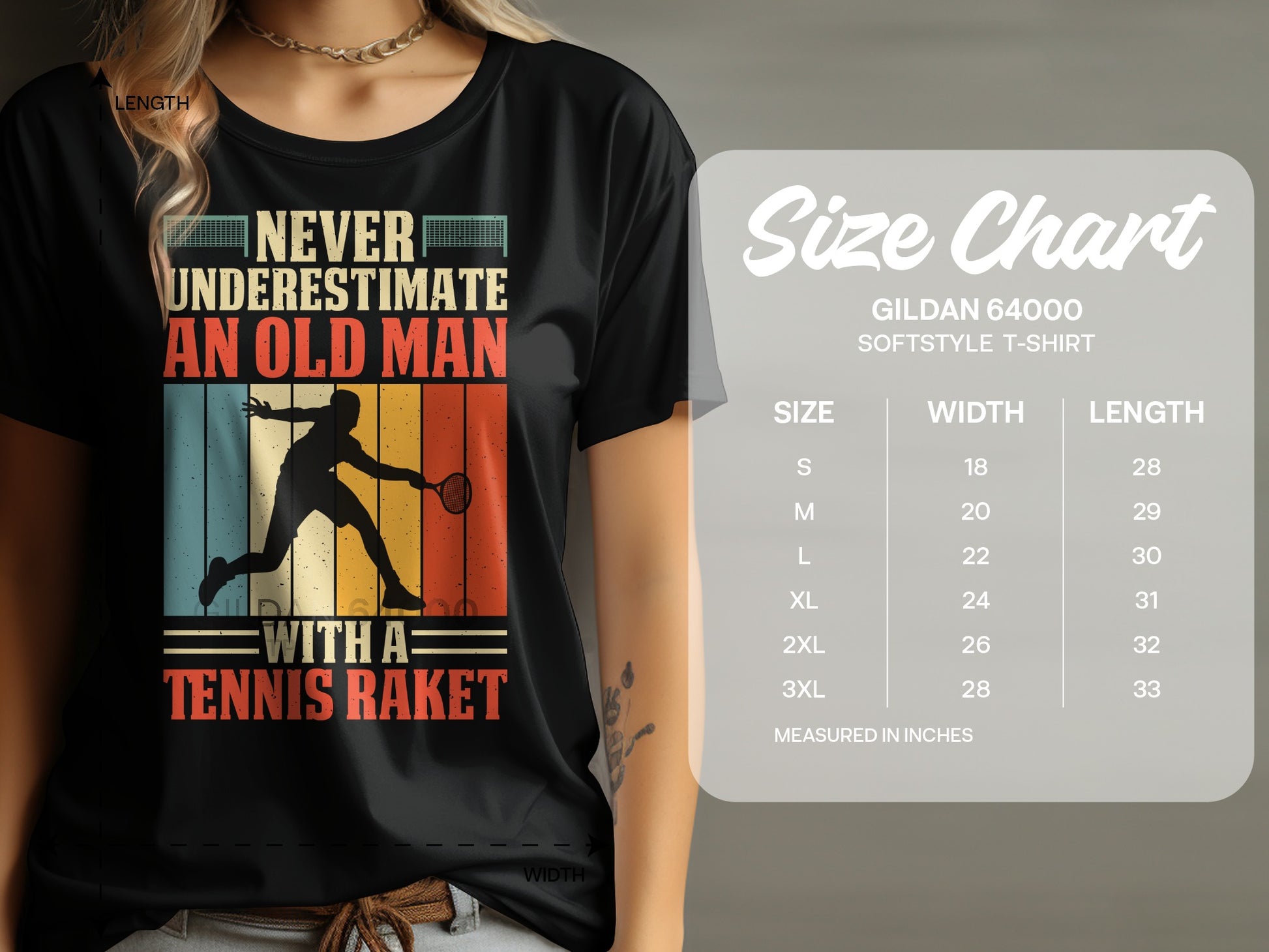 T-shirt with graphic of a tennis player and text "Never Underestimate An Old Man With A Tennis Racket".