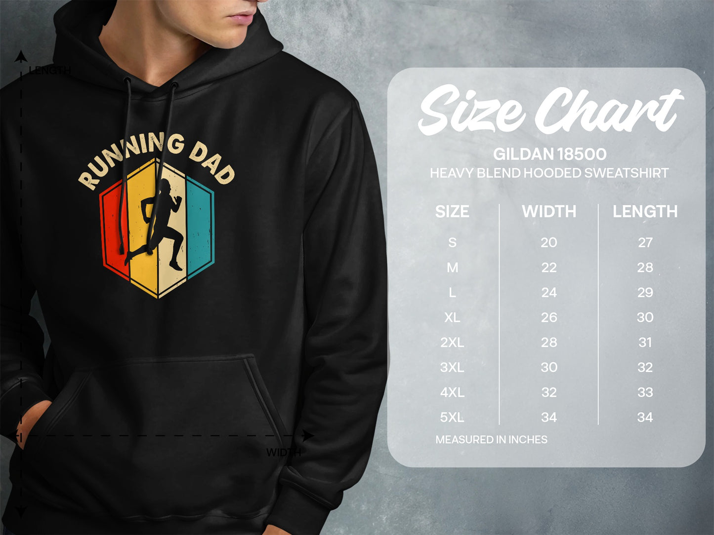 Running Dad graphic on a size chart for a Gildan 18500 sweatshirt.