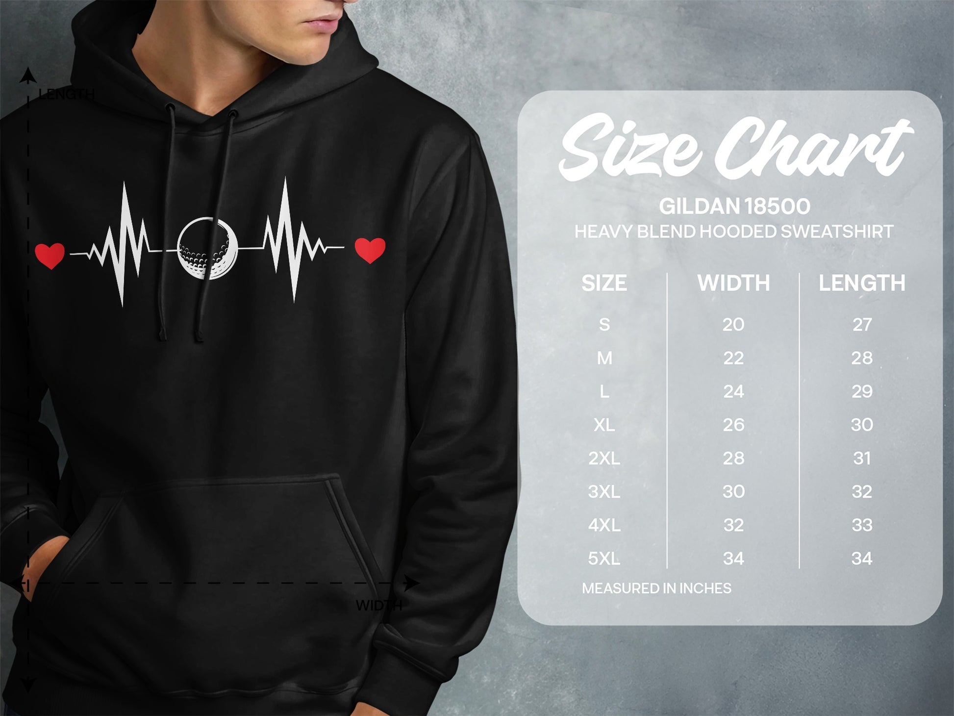 Gildan 18500 hooded sweatshirt size chart in inches.