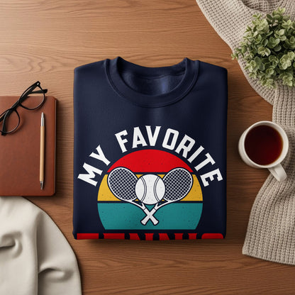 Navy sweatshirt with "My Favorite" and tennis balls and rackets graphic.