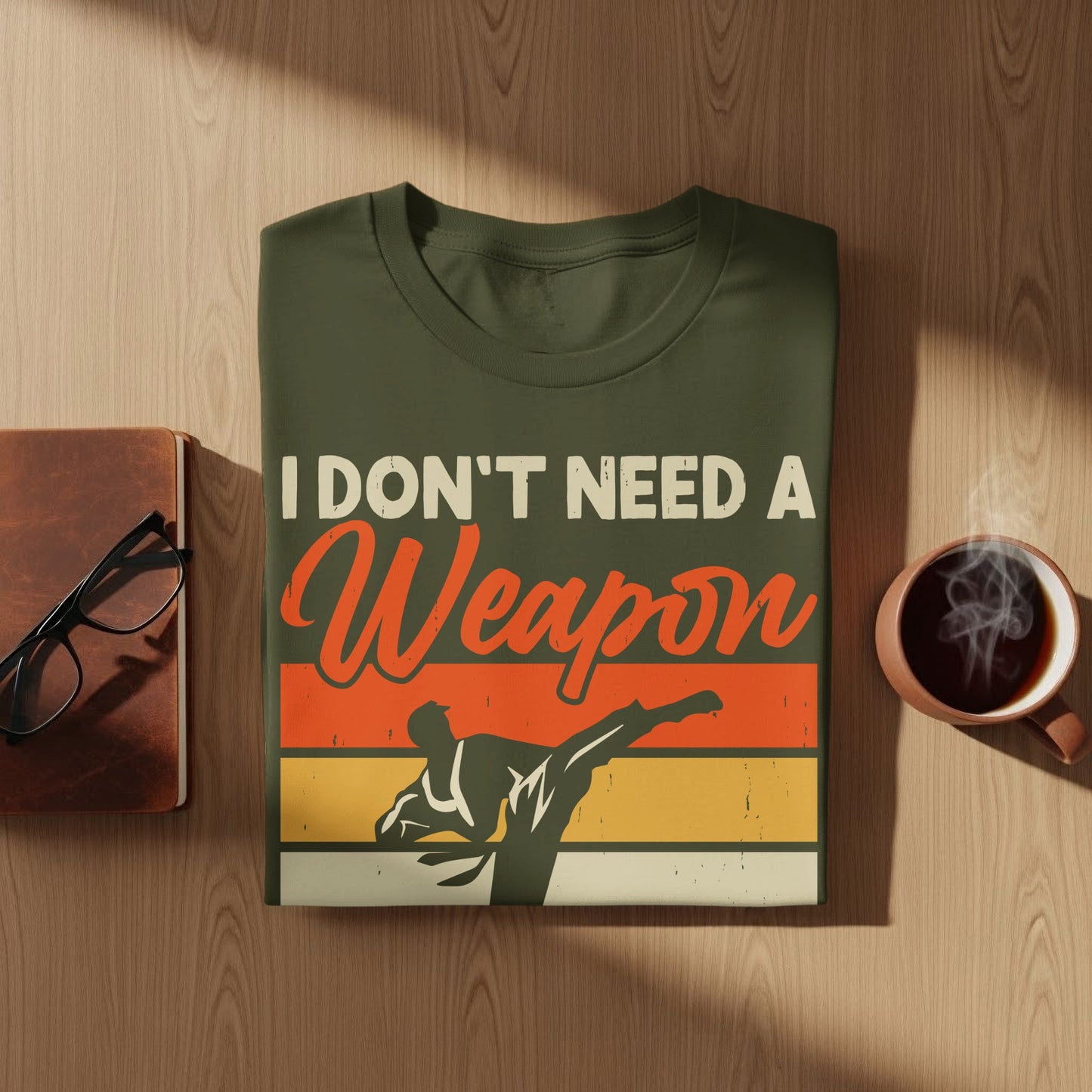 Olive green t-shirt with "I don't need a weapon" and martial artist graphic.