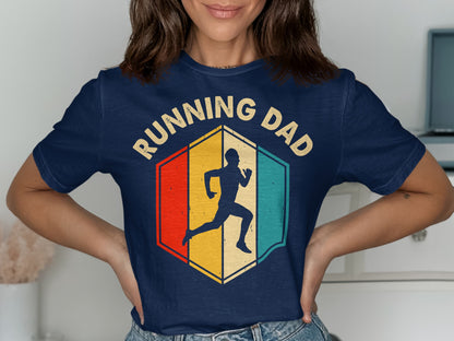 Navy t-shirt with hexagon design of a running dad and colorful stripes.