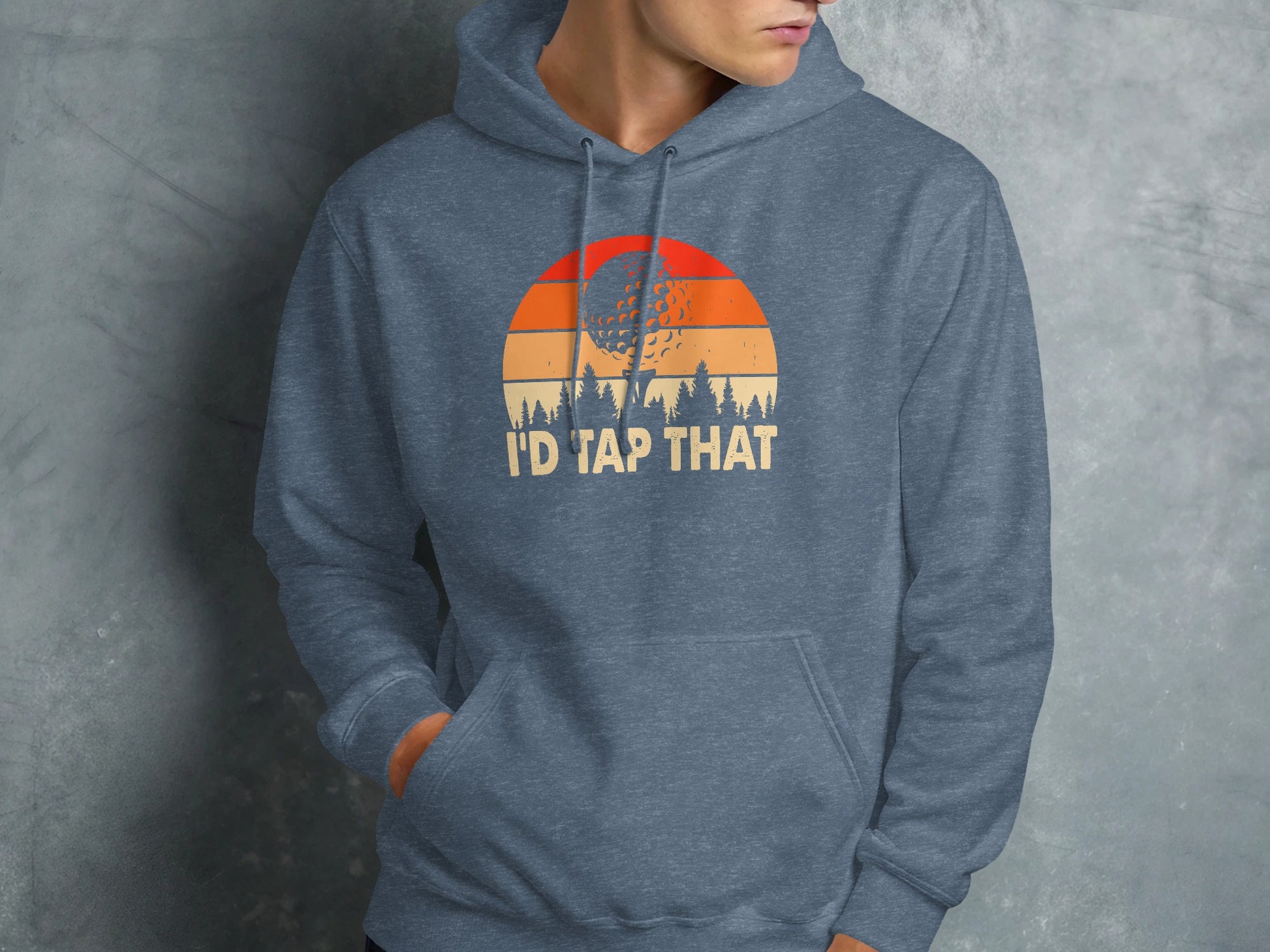 Gray hoodie with "I'd Tap That" and sunset golf design.