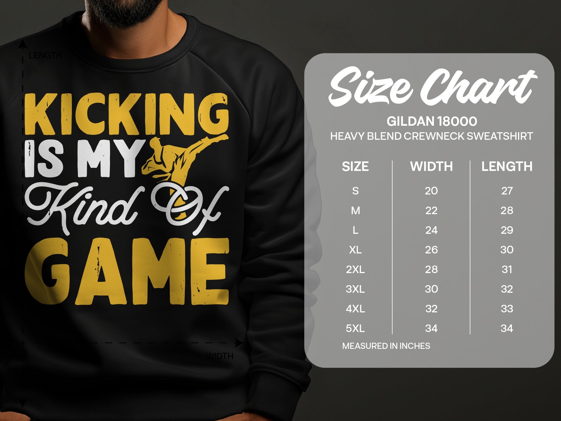 Gildan 18000 sweatshirt size chart showing garment width and length in inches.
