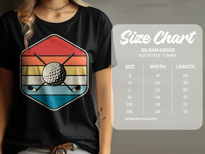 Gildan 64000 Softstyle T-shirt size chart with golf graphic.