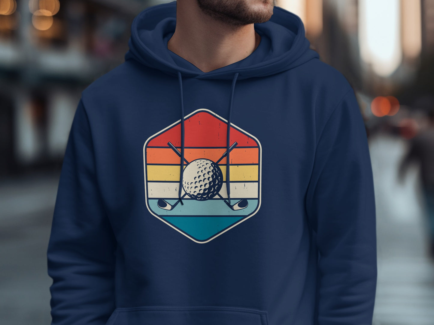 Hexagon logo with golf ball, clubs, and striped background.