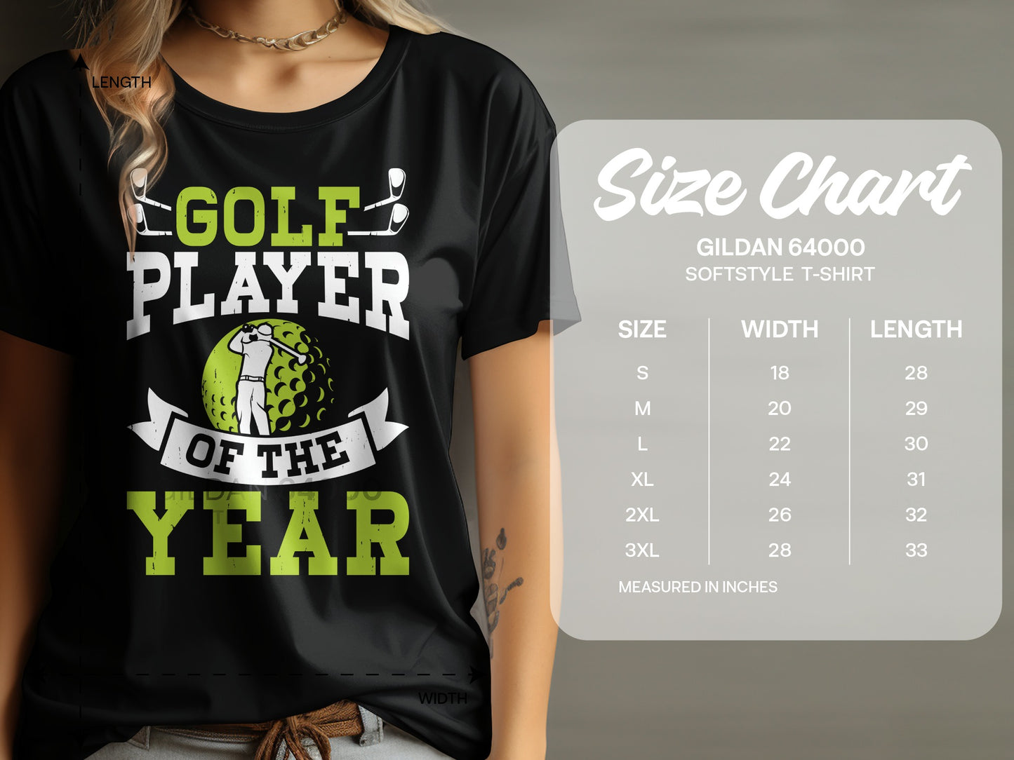 Green and white graphic golf t-shirt with "Golf Player of the Year" text and Gildan size chart.