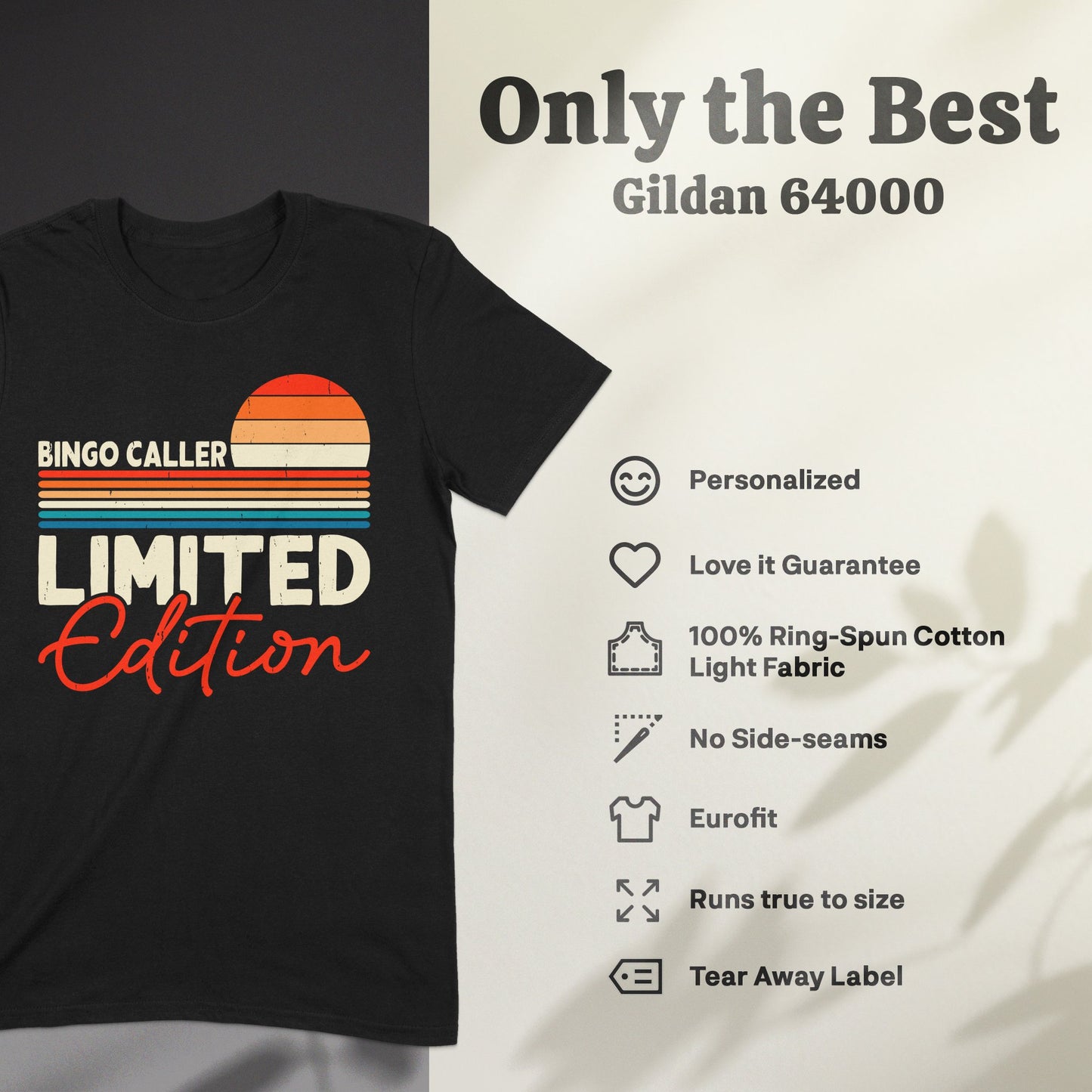 Black t-shirt with "Bingo Caller Limited Edition" text and product feature icons.