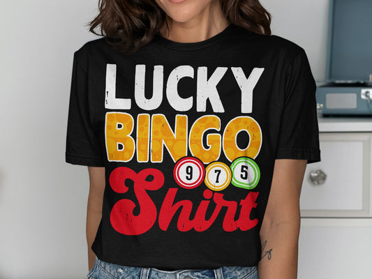 Black t-shirt with "LUCKY BINGO Shirt" and bingo balls.