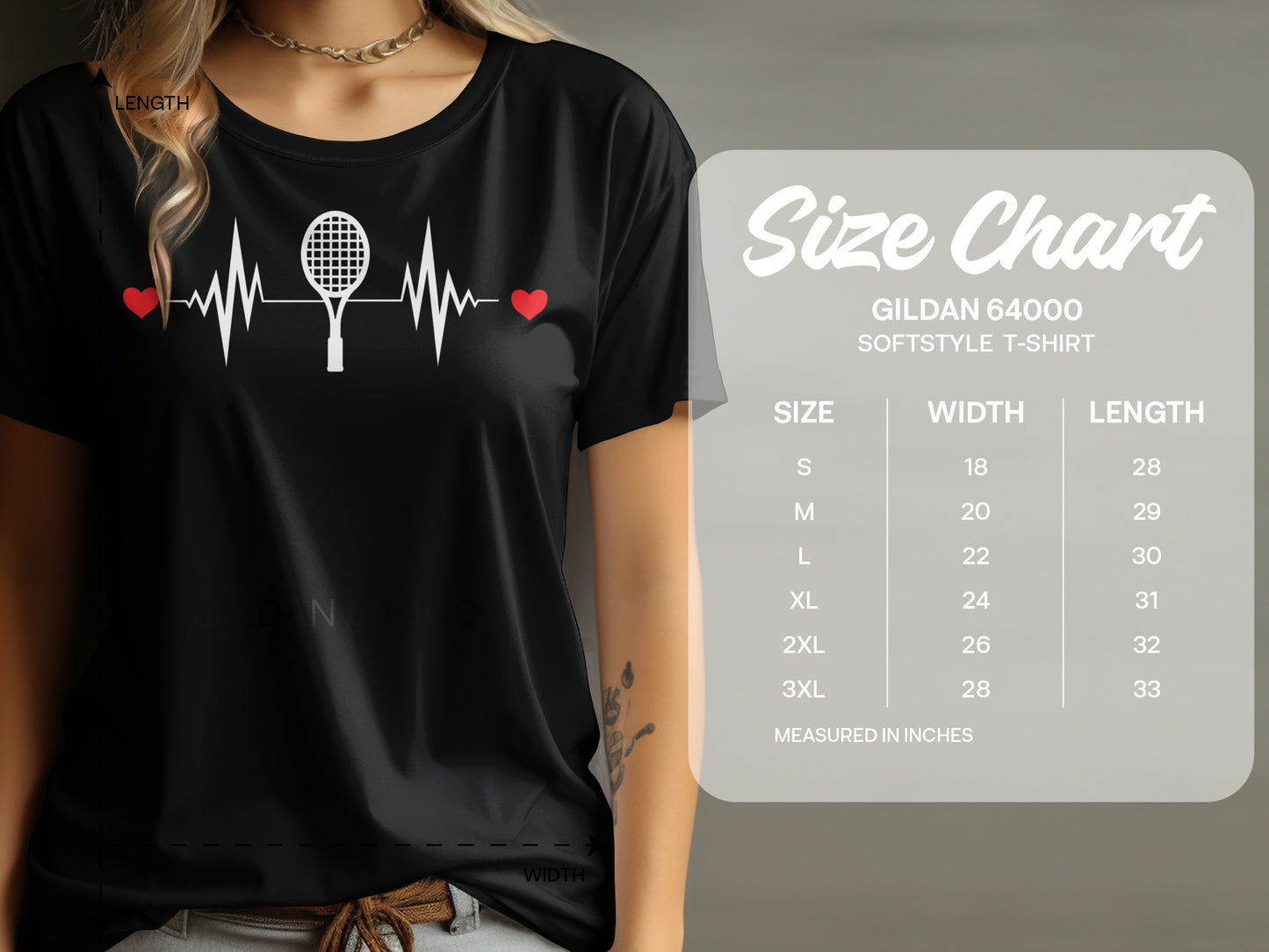Black t-shirt with heart rhythm and tennis racket graphic and size chart.