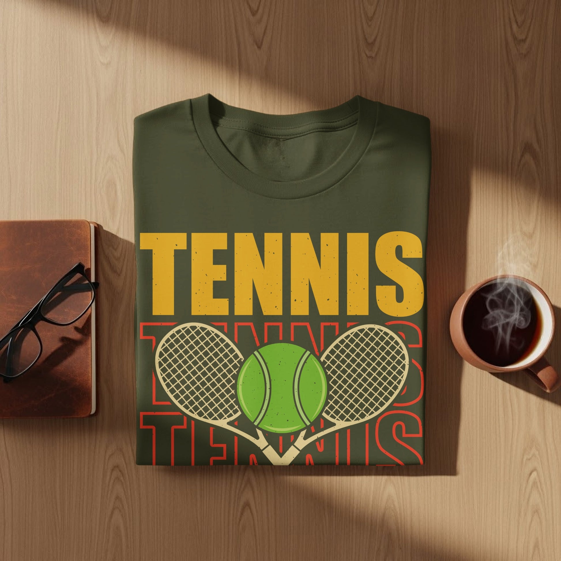 Green t-shirt with "TENNIS" text and crossed tennis rackets and ball.