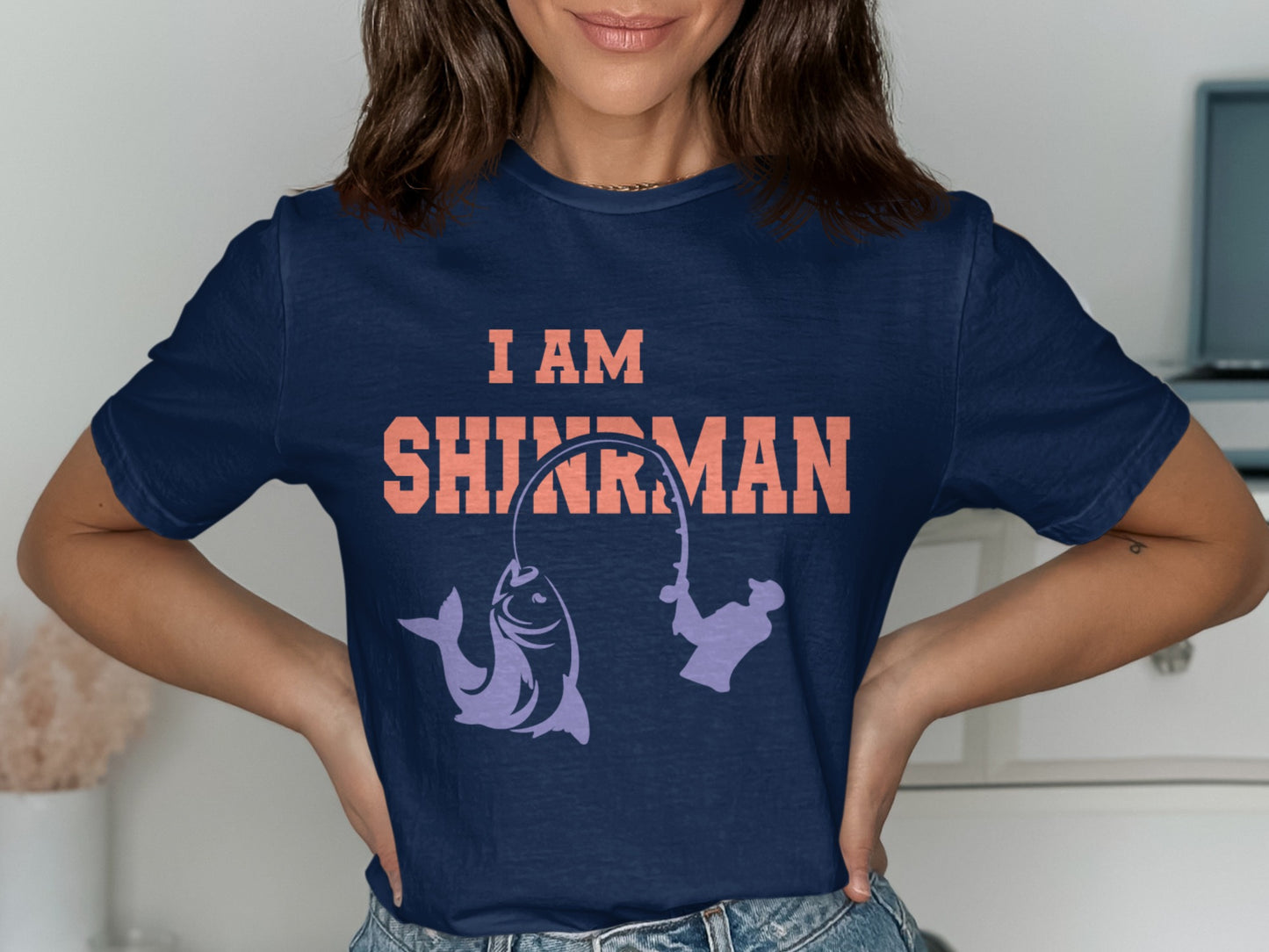 Navy t-shirt with "I AM SHINARMAN" and fishing graphic.