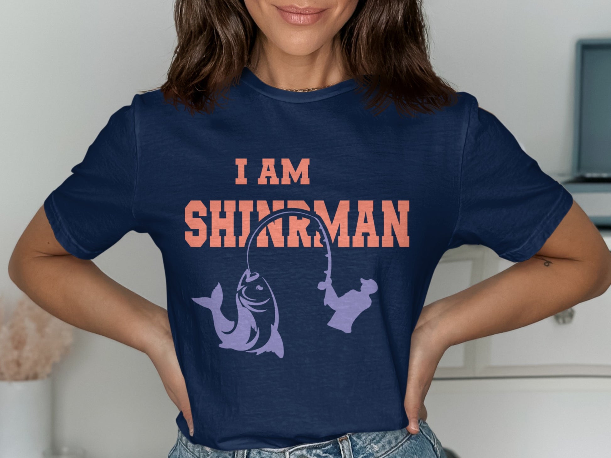 Navy t-shirt with "I AM SHINARMAN" and fishing graphic.