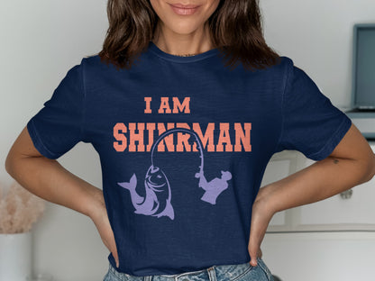 Navy t-shirt with "I AM SHINARMAN" and fishing graphic.