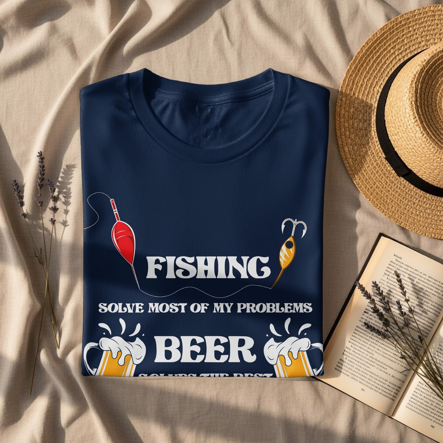Navy t-shirt with "FISHING SOLVE MOST OF MY PROBLEMS BEER" text and fishing lures.