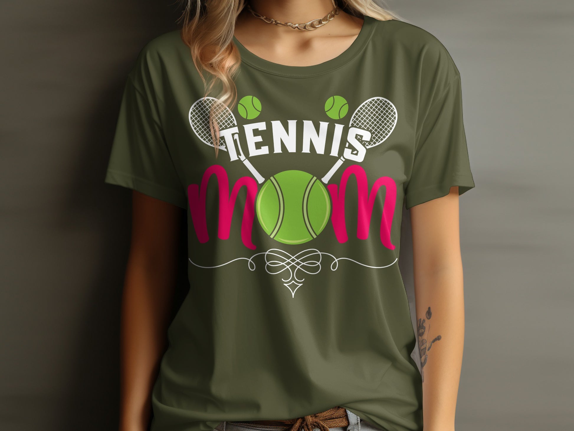 Olive green t-shirt with "Tennis Mom" text and tennis ball graphic.