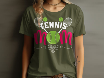 Olive green t-shirt with "Tennis Mom" text and tennis ball graphic.