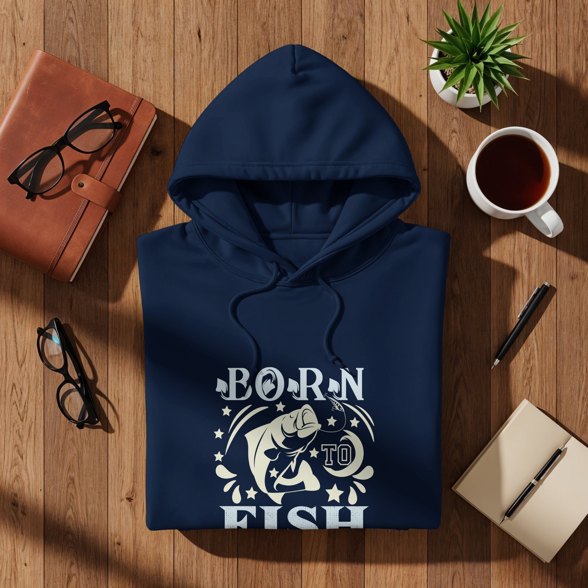 Navy hoodie with "Born to Fish" graphic, featuring a fish jumping.