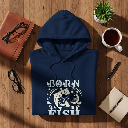 Navy hoodie with "Born to Fish" graphic, featuring a fish jumping.