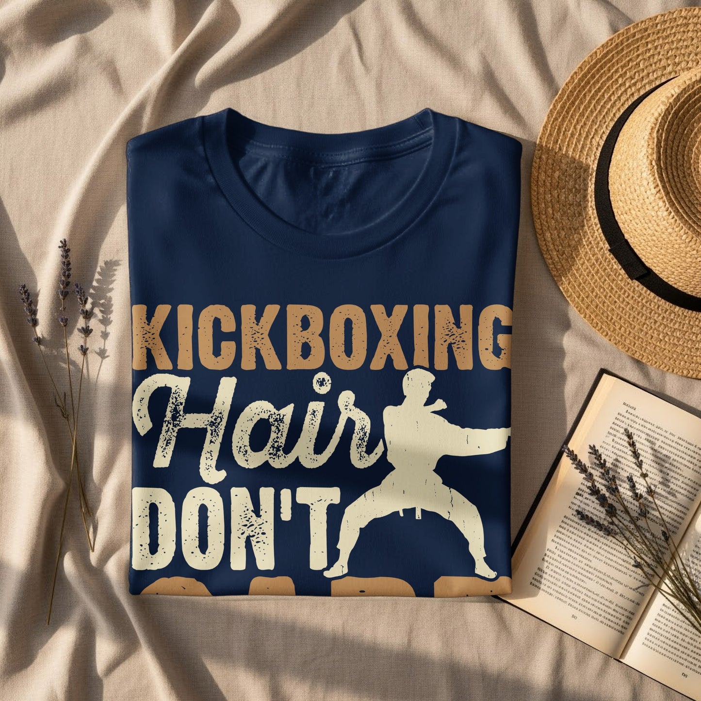 Navy t-shirt with "Kickboxing Hair Don't Care" graphic and martial artist silhouette.