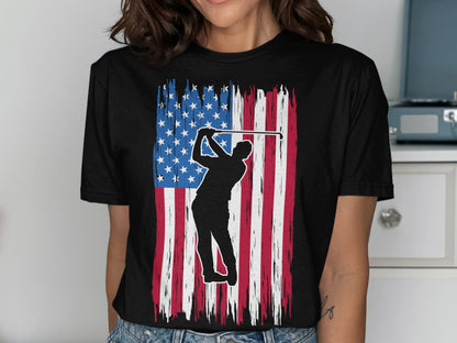 Black t-shirt with American flag and golfer silhouette.