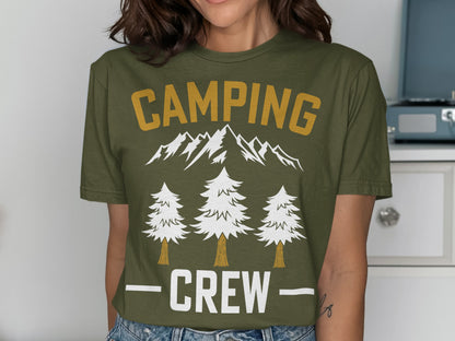 Green t-shirt with "CAMPING CREW" text, mountains, and trees design.
