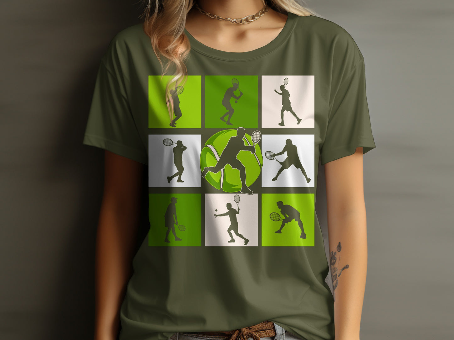 Silhouettes of tennis players in action arranged in a grid with a tennis ball.