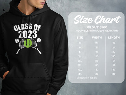 Hoodie featuring "Class of 2023" with tennis rackets and balls, next to a size chart.