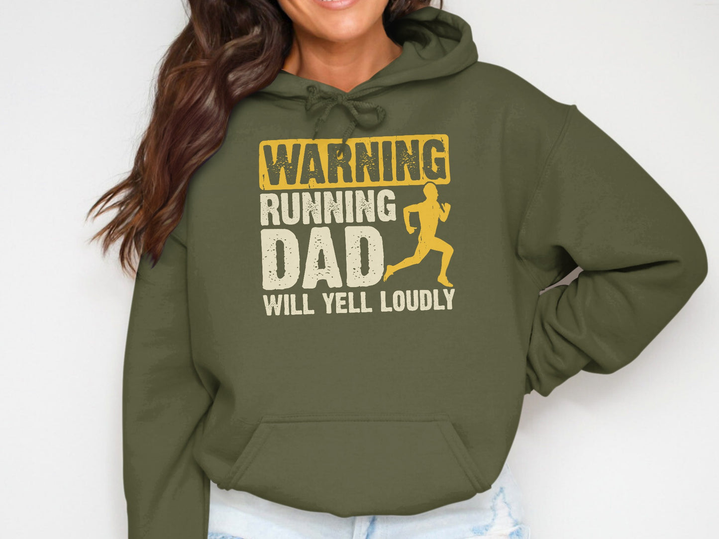 Green hoodie with "Warning Running Dad Will Yell Loudly" text and runner graphic.