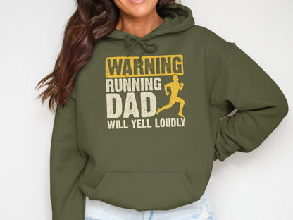Green hoodie with "Warning Running Dad Will Yell Loudly" text and runner graphic.