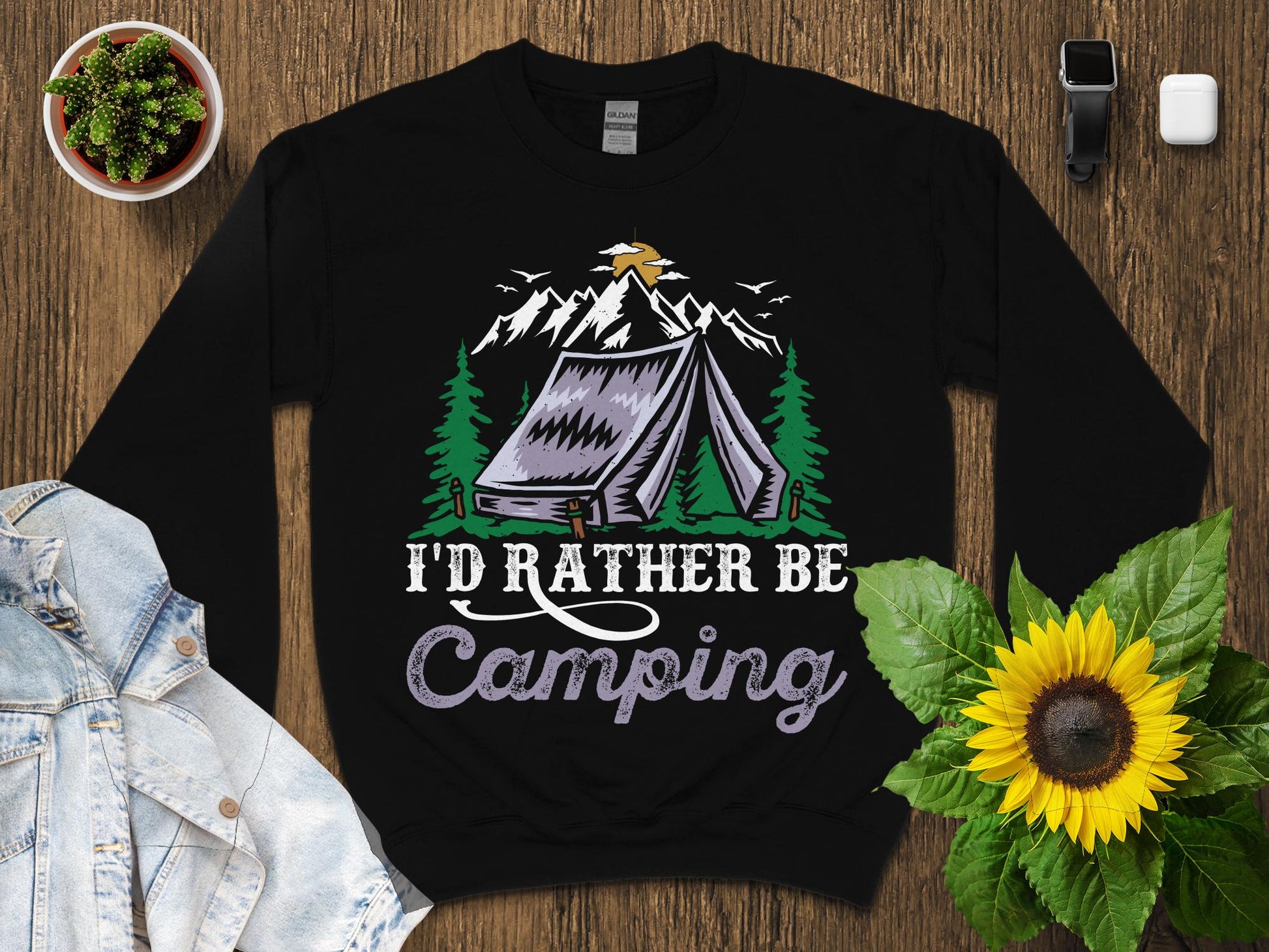 Black sweatshirt with "I'd Rather Be Camping" text and a mountain tent graphic.