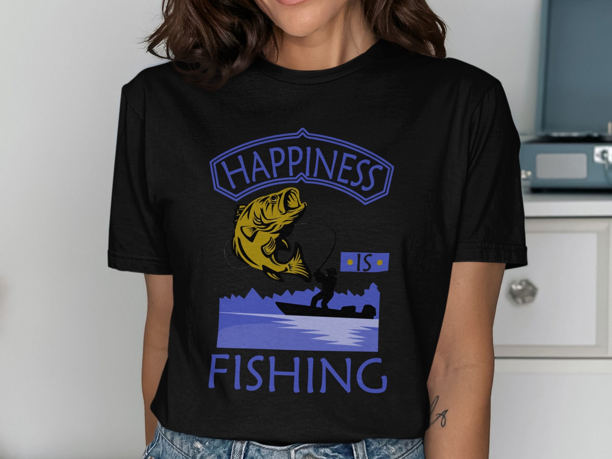 Black t-shirt with "Happiness is Fishing" text and fishing graphic.