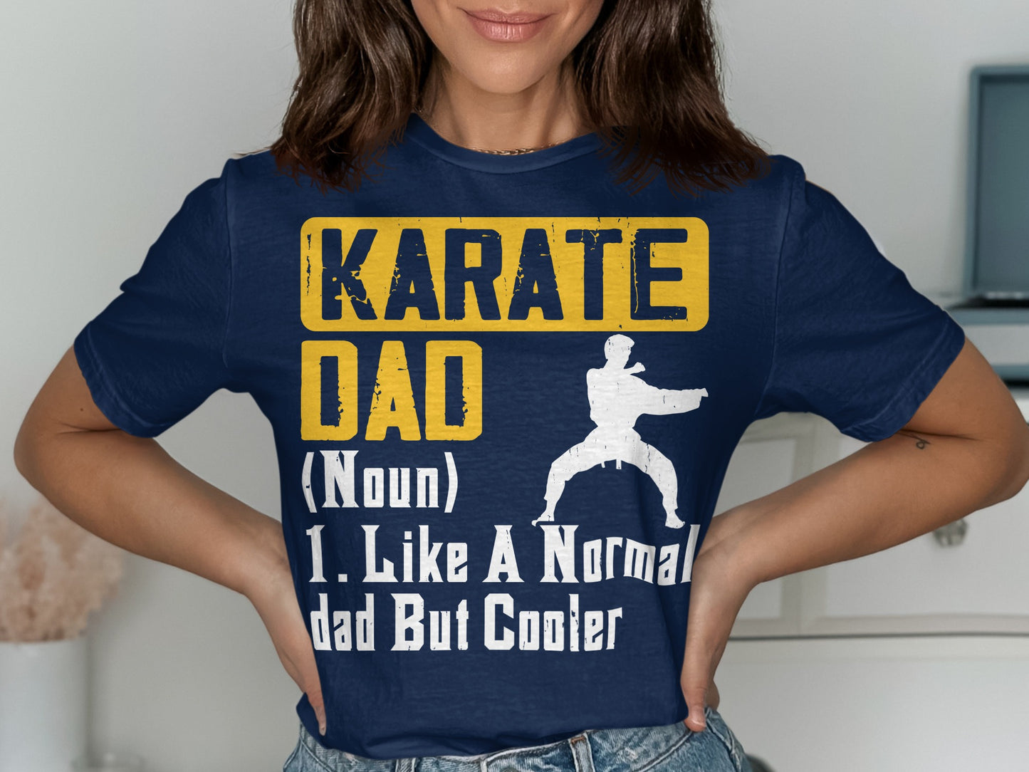 Navy t-shirt with "KARATE DAD" and a karate pose, definition below.