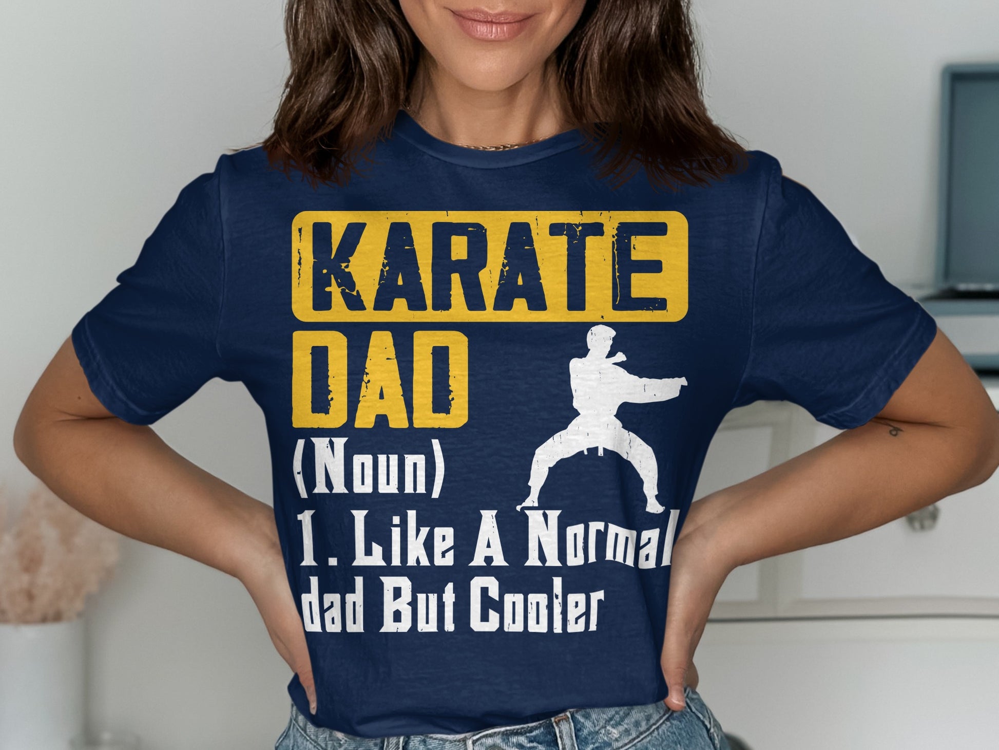 Navy t-shirt with "KARATE DAD" and a karate pose, definition below.