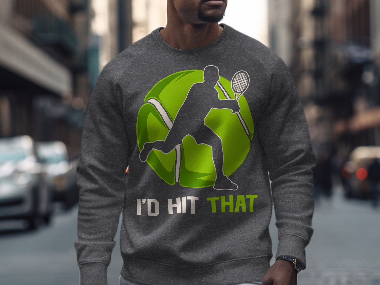 Grey sweatshirt with a tennis player silhouette inside a green tennis ball.