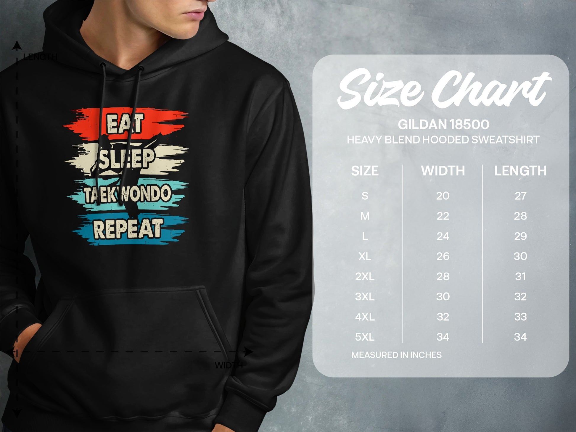 Black hoodie with "Eat Sleep Taekwondo Repeat" graphic, next to a size chart.