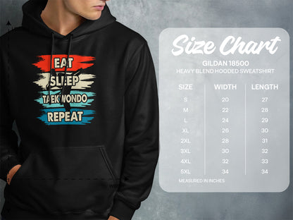 Black hoodie with "Eat Sleep Taekwondo Repeat" graphic, next to a size chart.