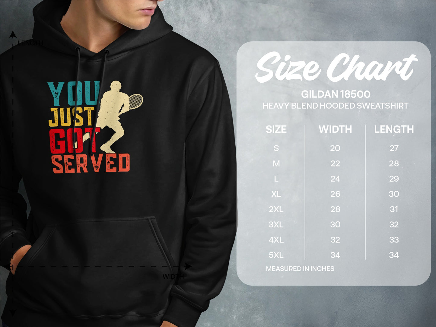 Hooded sweatshirt with "You Just Got Served" graphic and size chart.